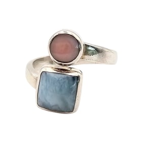 Larimar and Pink Shell Adjustable Sterling Silver Ring