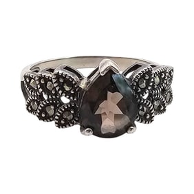 Sterling Silver Marcasite and Smoky Quartz Ring, Size 8.5