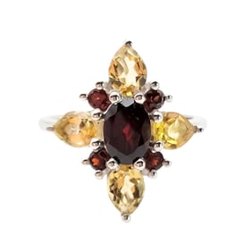 Sterling Silver Ring With Amethyst and Garnet Gemstones, Size 7.25