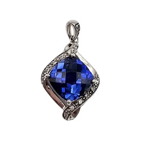 PM Sterling Silver Sapphire Pendant with Diamond Accents, 2.7  G