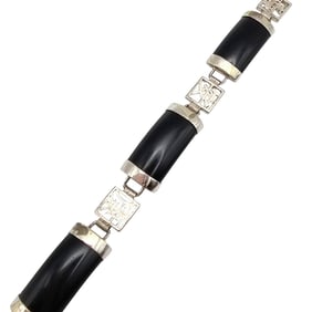 Onyx and Sterling Silver Asian Character Panel Bracelet, 11.4 G