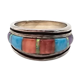 Southwestern Sterling Silver Spiny Oyster Opal Inlay Ring, Size 6.5, 4.9 G