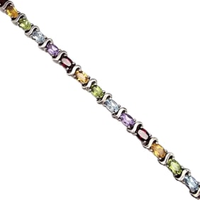 Sterling Silver Multi-Gemstone Tennis Bracelet, 18 G