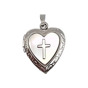 Sterling Silver Mother of Pearl Heart Cross Locket Pendant 3.5 G