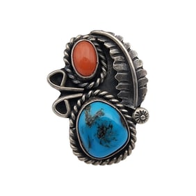 Navajo Sterling Turquoise and Coral Ring Sz 6