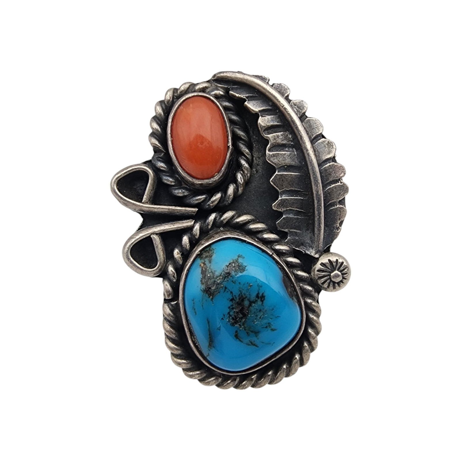 Navajo Sterling Turquoise and Coral Ring Sz 6