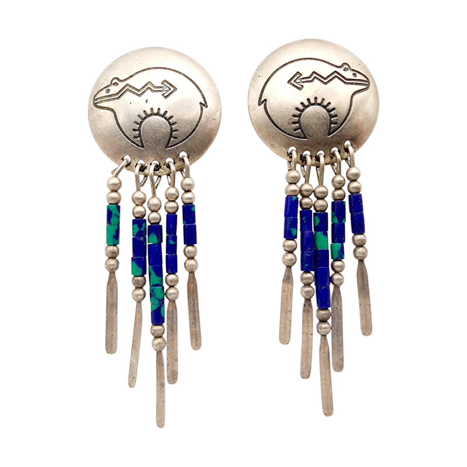 Navajo Sterling Spirit Bear Azurite Microbead Earrings: Navajo Sterling Spirit Bear Azurite Microbead Earrings 5.3g