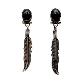 Navajo Sterling Onyx Feather Dangle Earrings
