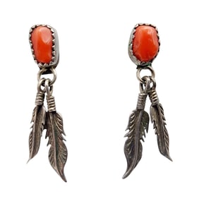 Vintage Navajo Sterling Coral Feather Dangle Earrings