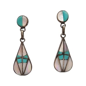 Zuni Sterling Turquoise and Mother of Pearl Inlay Earrings