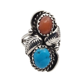 Herman Smith Navajo Sterling Turquoise and Coral Ring Sz 5.5