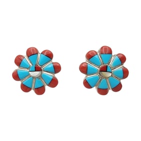 Zuni Sterling Turquoise and Coral Sunface Inlay Earrings