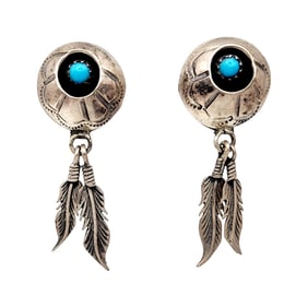Navajo Sterling Turquoise Shadow Box Feather Dangle Earrings