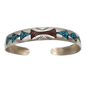 Joleen Yazzie Navajo Sterling Turquoise Coral Inlay Cuff Bracelet