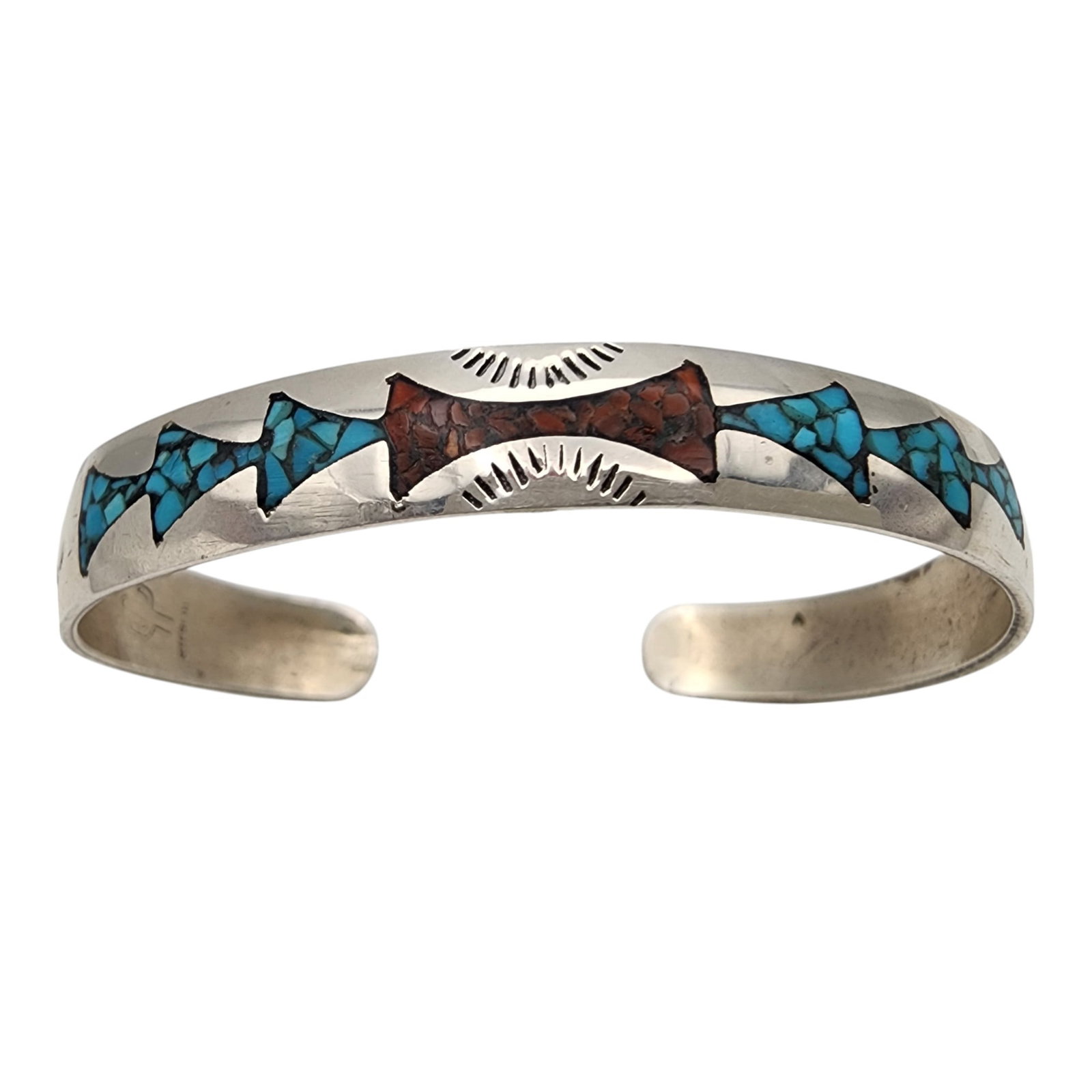Joleen Yazzie Navajo Sterling Turquoise Coral Inlay Cuff Bracelet: Jolene Yazzie Navajo Sterling Crushed Turquoise Coral Inlay Cuff Bracelet, 10.5g