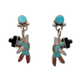 Ella L Reid Zuni Sterling Rainbow Man Inlay Dangle Earrings