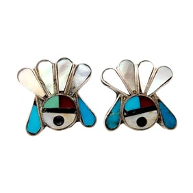 Vintage Zuni Sterling Multi Stone Inlay Earrings