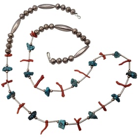 Vintage Navajo Sterling Turquoise and Branch Coral Bead Necklace