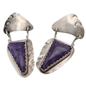 Signed Southwestern Sterling Stamped Charoite Dangle Earrings