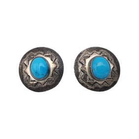 Signed Southwestern Sterling Textured Turquoise Earrings