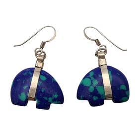 Southwestern Sterling Azurite Carved Bear Earrings
