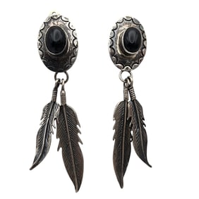 Navajo Sterling Onyx Feather Dangle Earrings