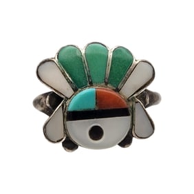 Vintage Zuni Sterling Multistone Inlay Sunface Ring Sz 5