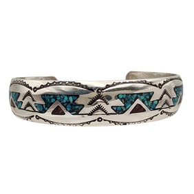 Nakai Sterling Stamped Turquoise Coral Inlay Cuff Bracelet
