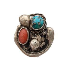 Vintage Navajo Sterling Turquoise Coral Ring Sz 7.5