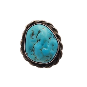 Signed P Navajo Sterling Turquoise Chunk Ring Sz 6