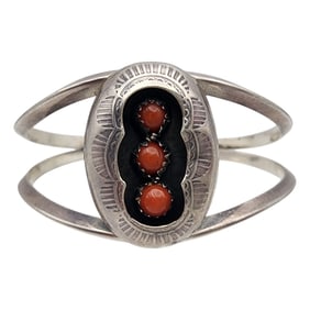 Navajo Sterling Coral Shadow Box Cuff Bracelet
