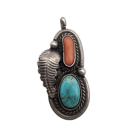Signed S Navajo Sterling Turquoise Coral Pendant