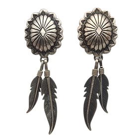 Navajo Sterling Concho Feather Dangle Earrings