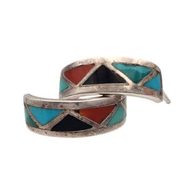 Signed T.H. Zuni Multistone Inlay Earrings