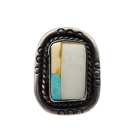 Vintage Navajo Sterling Multistone Inlay Ring Sz 8