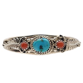Navajo Sterling Turquoise Coral Cuff Bracelet