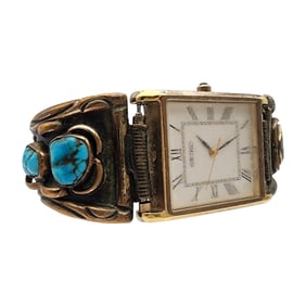 Signed PA Navajo Vintage 12k GF Sterling Turquoise Watch