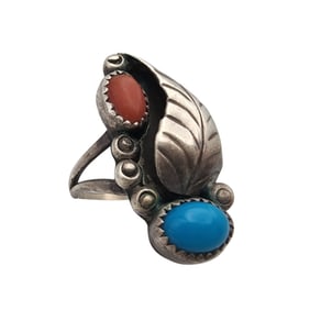 Signed MP Navajo Sterling Turquoise Coral Ring Sz 6