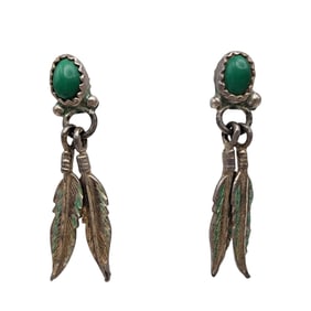 Southwestern Sterling Malachite Feather Dangle Earrings