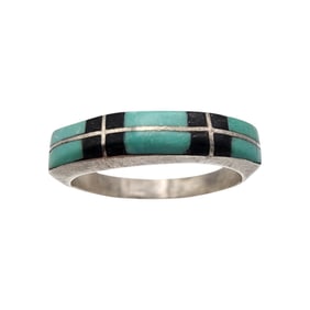 Southwestern Sterling Turquoise Onyx Inlay Ring Sz 5.25