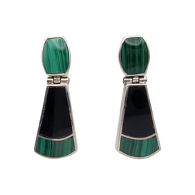 Southwestern Sterling Malachite Onyx Hinge Earrings