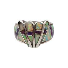 Signed MS Sterling Multistone Inlay Ring Sz 9
