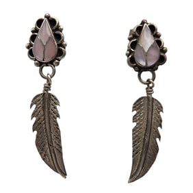 Southwestern Sterling Mother of Pearl Inlay Feather Dangle Earrings