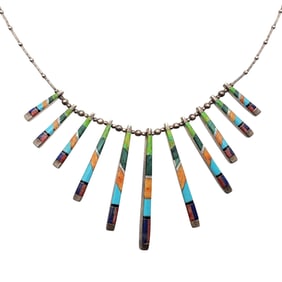 Sheryl Martinez Navajo Sterling Reversible Multistone Inlay Fringe Necklace