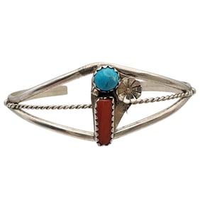Navajo Sterling Turquoise Coral Cuff Bracelet