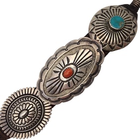 Vintage Navajo Sterling Concho Leather Bracelet