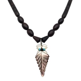 Vintage Sterling Heishi Carved Feather Necklace