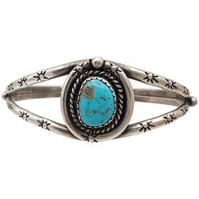 Navajo Sterling Stamped Turquoise Cuff Bracelet