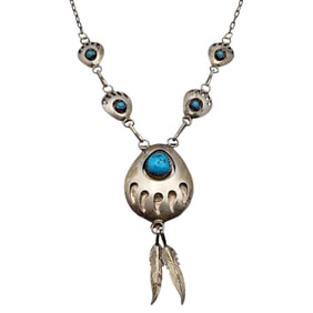 Navajo Sterling Turquoise Shadow Box Bear Paw Necklace