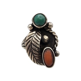 Vintage Navajo Sterling Turquoise Coral Ring Sz 5